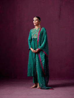 Pooja Singhal - Wave Empire Line Crush Silk Anarkali With Tissue Pant & Print Dupatta (Set of 3)