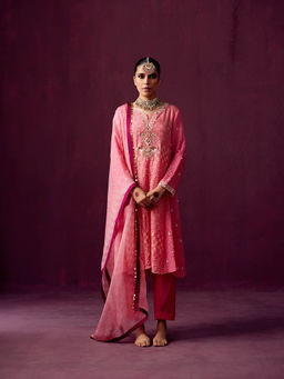 Pooja Singhal - Hand Embroidered Print Silk Anarkali With Silk Pant & Organza Dupatta (Set of 3)