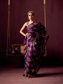 Pooja Singhal - Print Organza Saree With Embroidered Stitched