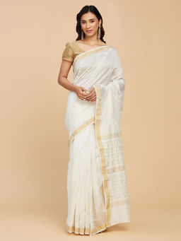 Fabindia - Off White Cotton Silk Saree Without Blouse