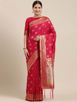 Sareemall - Womens Kanjeevaram Silk Pink Woven Design Designer Saree with Unstitched Blouse