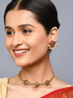 Fida - Wedding Ethnic Gold Plated Red and Green Stone Circular Temple Jewellery Set with Pearls