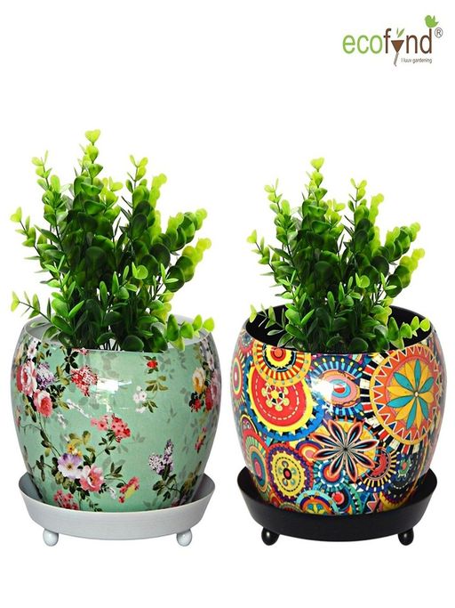 Ecofynd Lily Multicolor Metal Pot With Saucer Plate (Set Of 2)