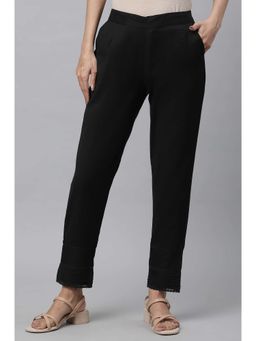 Elleven - Women's Black Solid Cotton Flex Straight Fit Pant