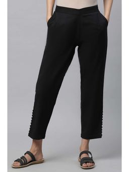 Elleven - Women's Black Solid Cotton Flex Straight Fit Pant