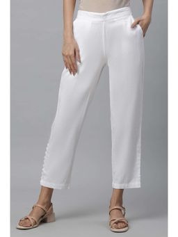Elleven - Women's White Solid Cotton Flex Straight Fit Pant