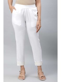 Elleven - Women's White Embroidered Cotton Linen Straight Fit Pant