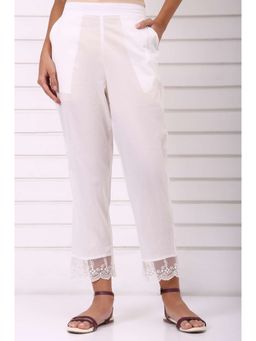 Aurelia - Women's White Solid Pure Cotton Parallel Pant