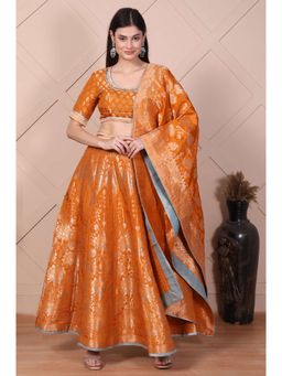 Aurelia - Women's Orange Embellished/Sequined Jacquard Blouse and Lehenga with Dupatta