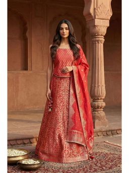 Aurelia - Women's Red Woven Jacquard Top with Lehenga and Dupatta