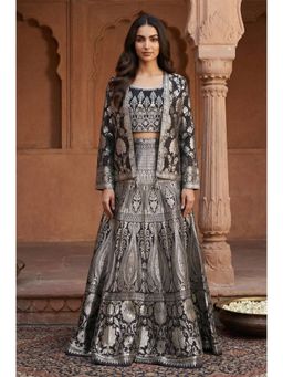 Aurelia - Women's Black Poly Georgette Blouse with Lehenga and Jacket