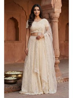 Aurelia - Women's Beige Embellished Poly Georgette Blouse with Lehenga and Dupatta