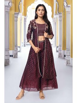 Aurelia - Women's Burgundy Embroidered Sequined Blouse with Palazzo and Jacket