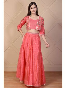 Aurelia - Women's Coral Sequined Blouse with Lehenga and Embroidered Short Jacket