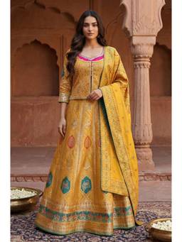 Aurelia - Women's Mustard Ethnic Jacquard Top with Lehenga and Dupatta