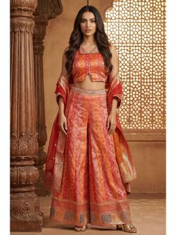 Aurelia - Women's Orange Jacquard Straight Blouse with Palazzo and Dupatta