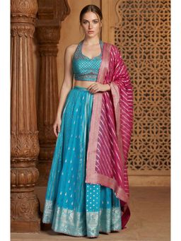 Aurelia - Women's Blue Jacquard Blouse with Lehenga and Dupatta