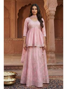 Aurelia - Women's Pink Embellished Polyester Top with Lehenga and Dupatta