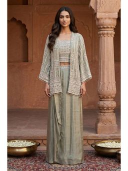 Aurelia - Women's Green Zari Tissue Straight Blouse with Skirt and Jacket