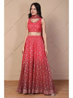 Aurelia - Women's Red Foil Printed Beaded Blouse with Lehenga and Dupatta