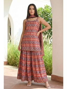 Aurelia - Women's Rust Printed Straight Strappy Kurti with Lehenga and Dupatta