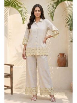 Aurelia - Women's Beige Embroidered Straight Co-Ord Set