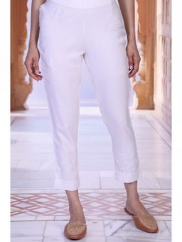 Folksong - Women's Ecru Embroidered Mirror Work Straight Tussar Silk Slim Pant
