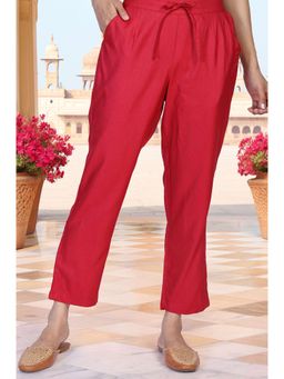Folksong - Women's Red Solid Straight Tussar Silk Pant