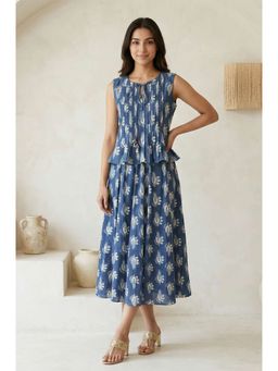 Folksong - Women's Blue Floral Printed Tassel Pure Cotton Top with Flared Skirt Set