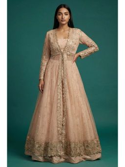 Wishful - Women's Peach Zari Embroidered Flared Blouse with Jacket and Lehenga