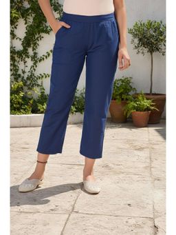 W - Blue Solid Rayon Straight Pant