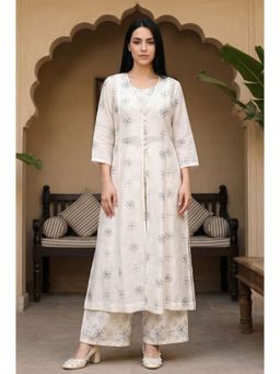 W - Off White Floral Printed Straight Crop Top with Palazzo and Jacket