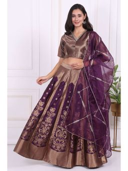 W - Purple Embellished Jacquard Straight Blouse with Lehenga and Dupatta