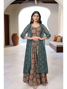W - Green Floral Printed Trim Organza Blouse with Lehenga and Jacket