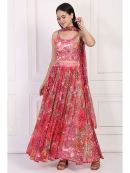 W - Pink Bold Floral Printed Georgette Blouse with Lehenga and Dupatta