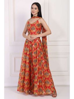 W - Orange Bold Floral Printed Georgette Blouse with Lehenga and Dupatta