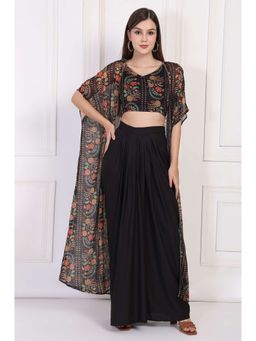 W - Black Floral Printed Embellished Georgette Crop Top with Cape and Skirt