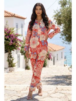 W - Red Floral Printed Modal Straight Co-Ord Set