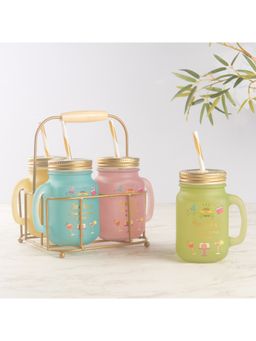 HomeTown - Good Life Glass Mason Jar Set Of 4 With Stand In Transparent Colour