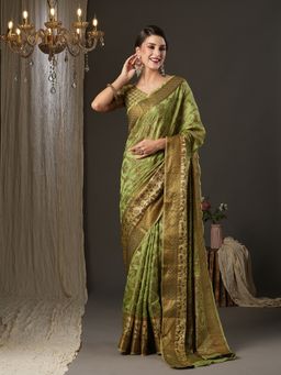 Akhilam - Womens Silk Blend Green Woven Design Designer Saree with Unstitched Blouse