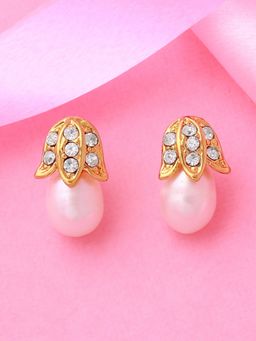 Estele - Gold Plated Leaf Shaped Earrings with Pearl for Women