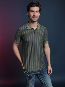 Campus Sutra - Men Striped Polo Neck Green T-Shirt