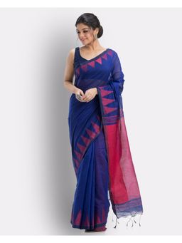 Angoshobha - Blue Handloom Cotton Blend Saree with Unstitched