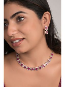 Ratnavali Jewels - Gold Plated CZ AD Studded Red Oval Necklace & Earring Set