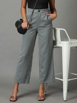 SHOWOFF - Women's Mid-rise Olive Striped Straight Fit Formal Trousers