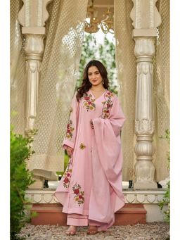 WOOMN - Pink Cotton Embroidered A-Line Kurta With Pant And Dupatta