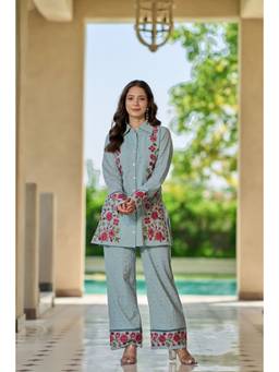 WOOMN - Blue Schiffli Floral Embroidered Co-Ord Set