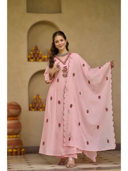 WOOMN - Pink Cotton Slub Calf A-Line Kurta With Pant And Dupatta