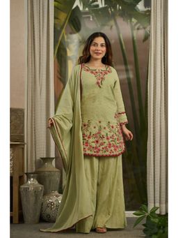 WOOMN - Green Floral Embroidered Kurta With Palazzo And Dupatta