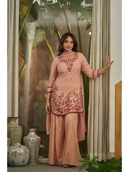 WOOMN - Peach Floral Embroidered Kurta With Palazzo And Dupatta